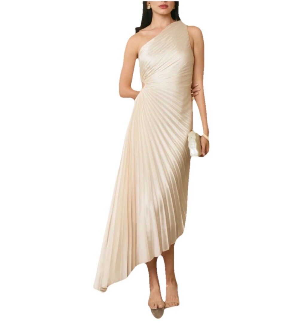 Dress Forum Olympia One Shoulder Pleated Asymmetric Maxi Dress Medium Ivory New - Picture 1 of 11